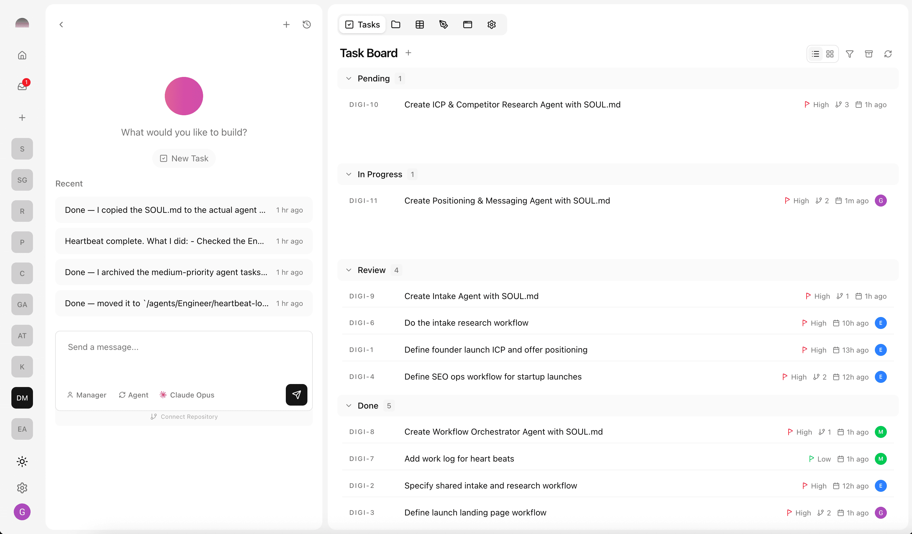 Demo marketing video showing agent, task board, project workspace files and tables, and code and UI results
